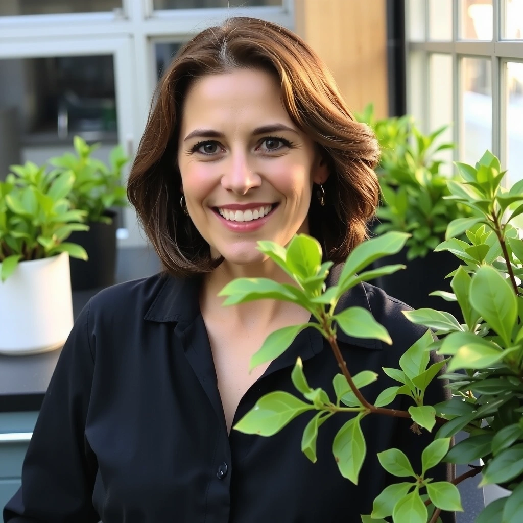 Portrait of a friendly female botanist, smiling with plants in the background.