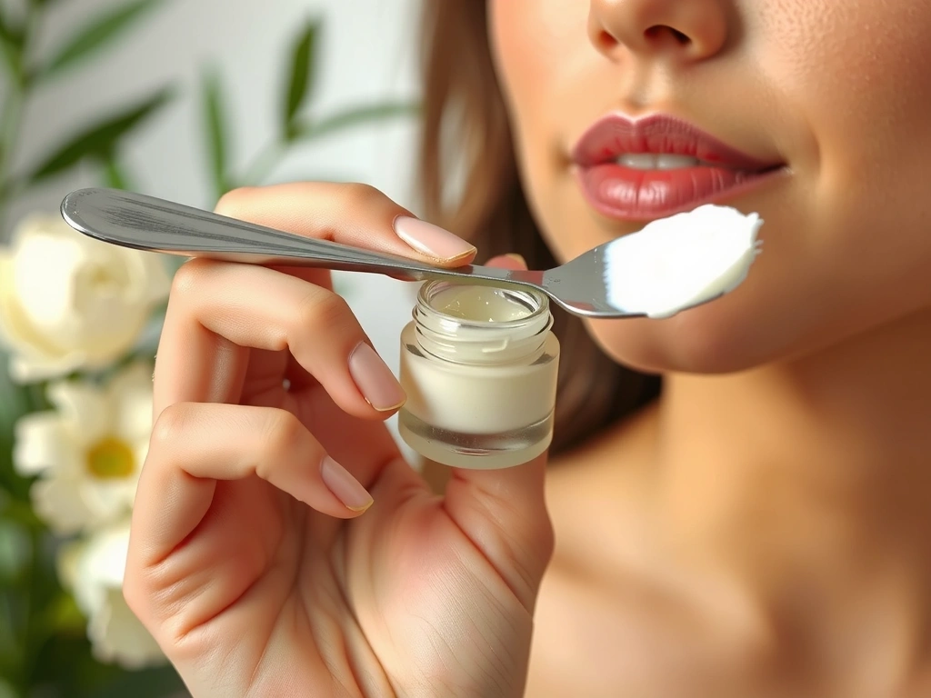 A close-up of a woman applying a natural glow cream, with botanical ingredients subtly blurred in the background, conveying healthy, radiant skin.