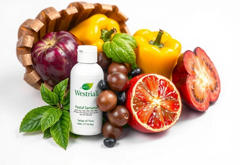 Abstract image related to wellness, skincare, or natural health, no text. Focus on vibrant fruits and vegetables arranged artfully.