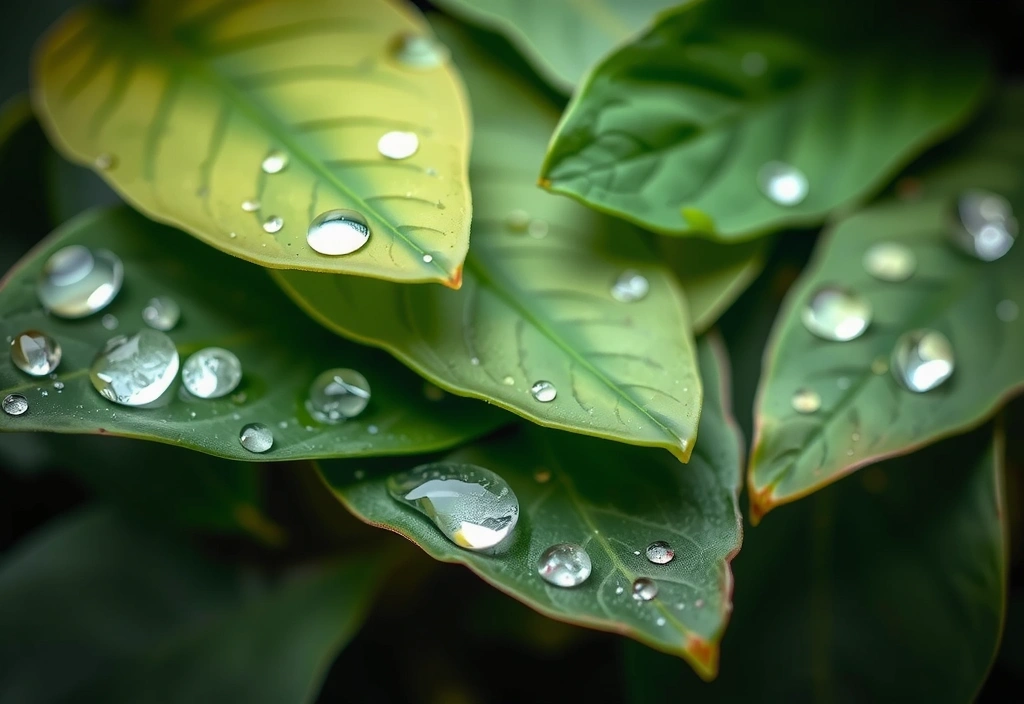 Abstract image related to wellness, skincare, or natural health, no text. Focus on green leaves and water drops.