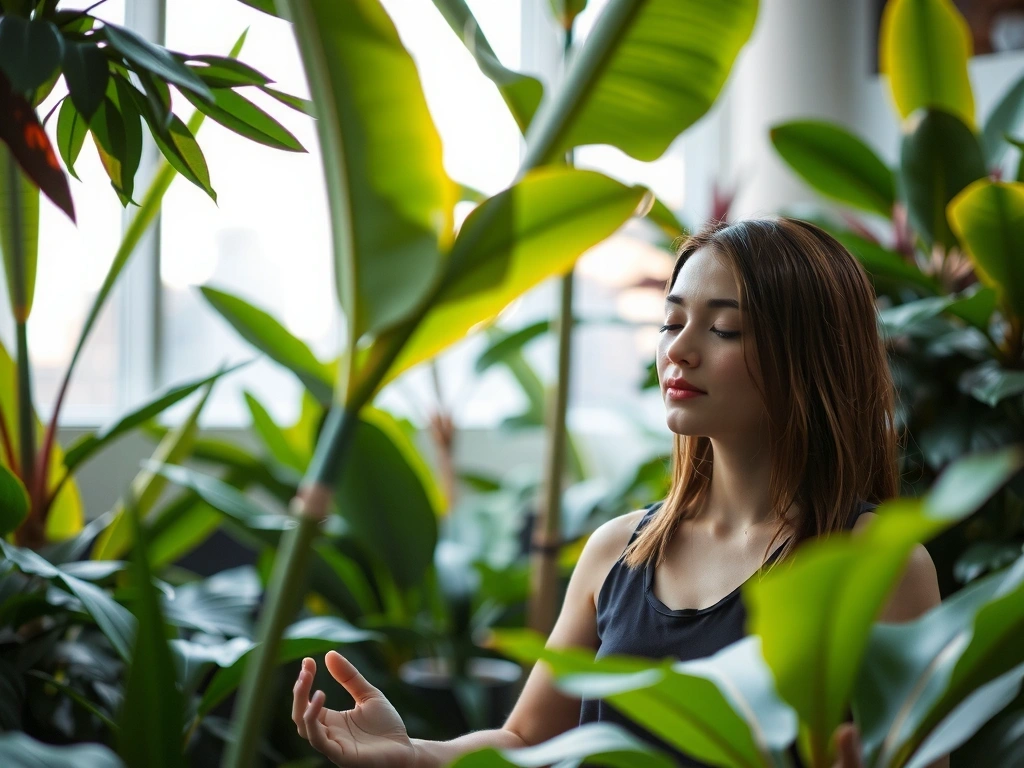 A serene image of a person meditating in a lush botanical garden, representing wellness and inner peace.