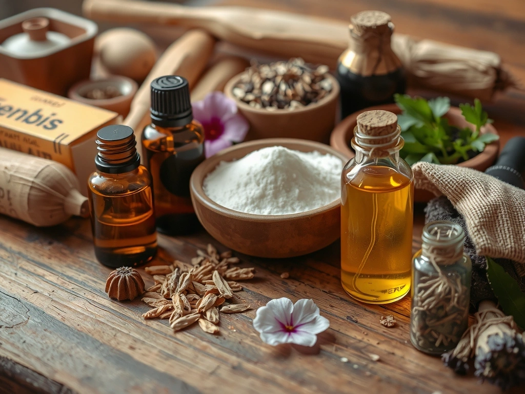 A close-up shot of various natural ingredients like herbs, essential oils, and dried flowers, arranged aesthetically.