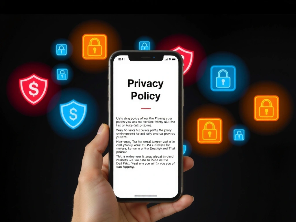 A hand holding a smartphone with a privacy policy document on screen, surrounded by glowing digital security icons, symbolizing data protection and user trust.